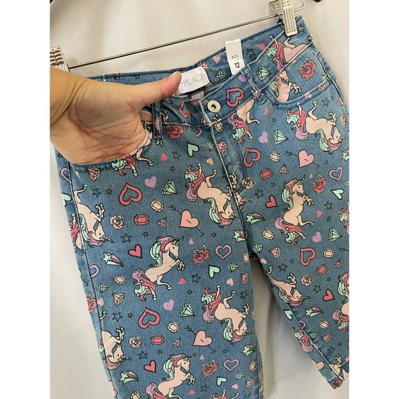 Place Girls Medium Wash Colorful Unicorn Graffiti Print Denim Jean Shorts - Picture 4 of 9